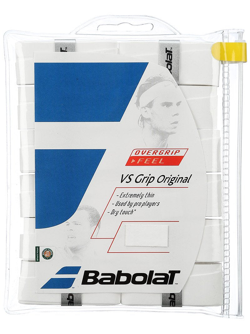 Babolat VS overgrips front pack showing white grips and clear branding for consistent feel