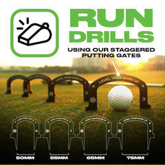 BACK 2 BASICS GOLF gates in use on indoor putting mat to improve stroke consistency