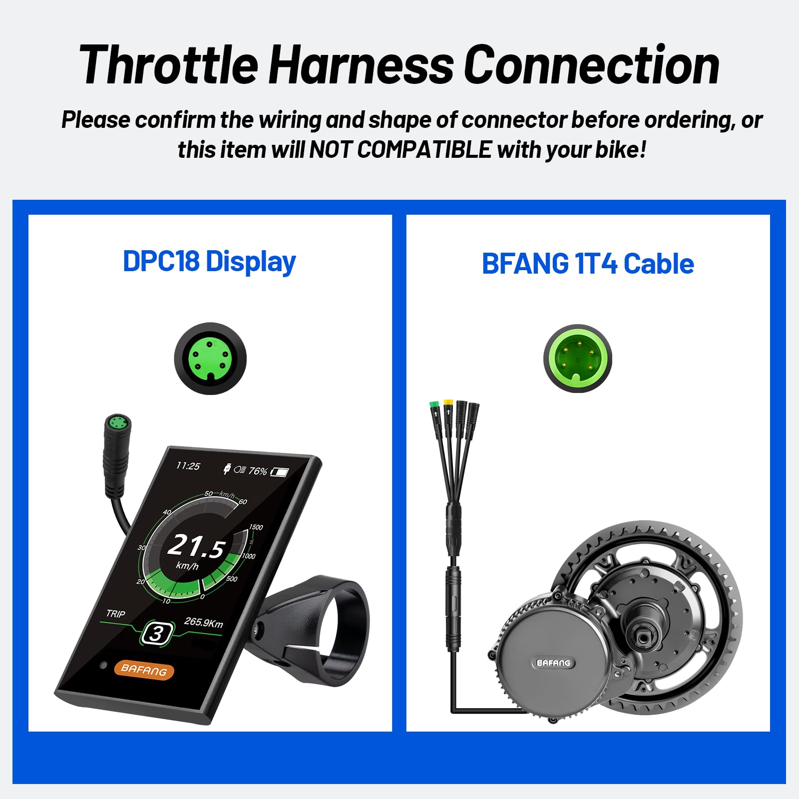 BAFANG DPC18 wiring harness view highlighting 5-pin waterproof plug for secure connection