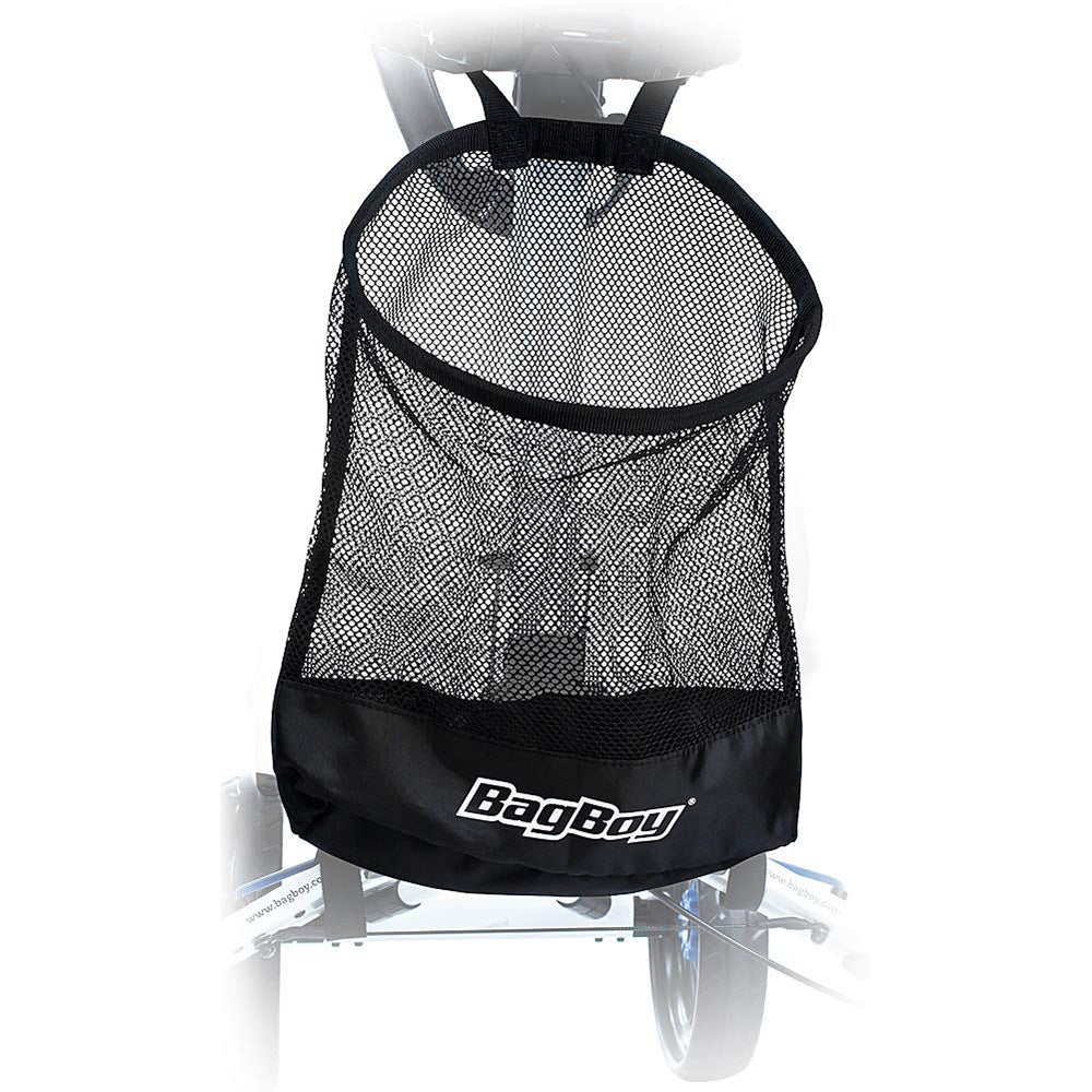 Bag Boy front view of black cart storage basket showing open rim and easy access