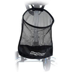 Bag Boy front view of black cart storage basket showing open rim and easy access