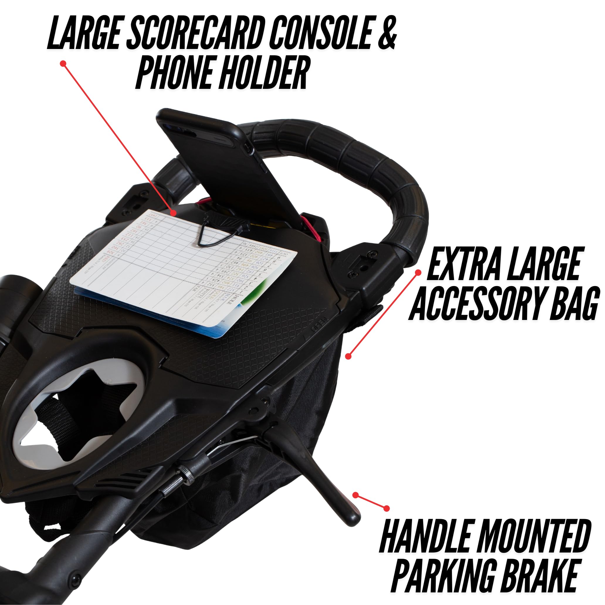 Bag Boy Nitron console and accessory bag showing organized storage benefit