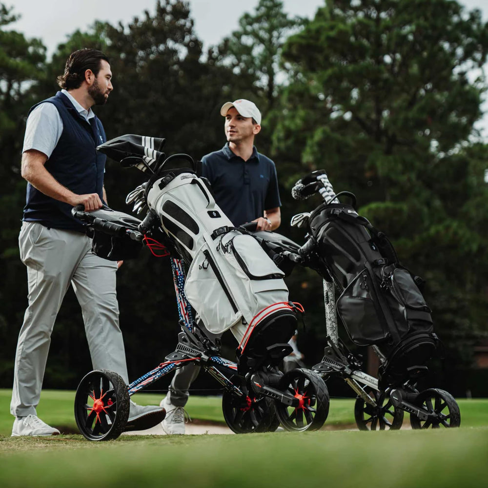 Bag Boy Nitron on course with golfer showing walking convenience and stability