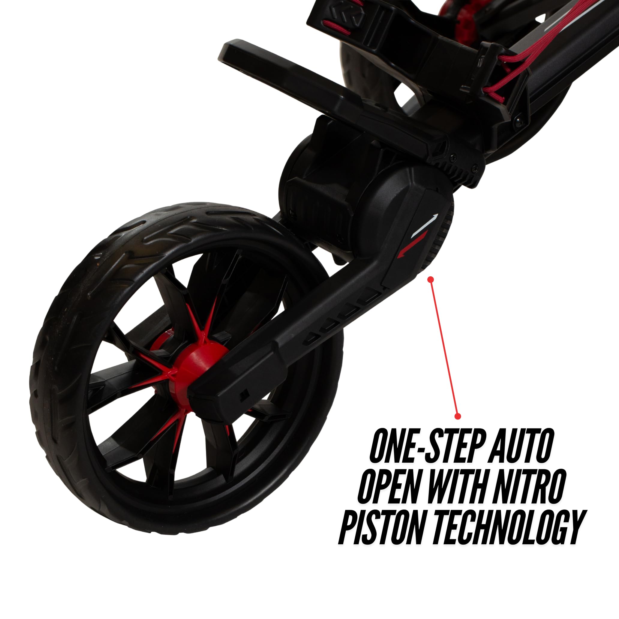Bag Boy Nitron wheel detail showing front and rear tires for smooth rolling