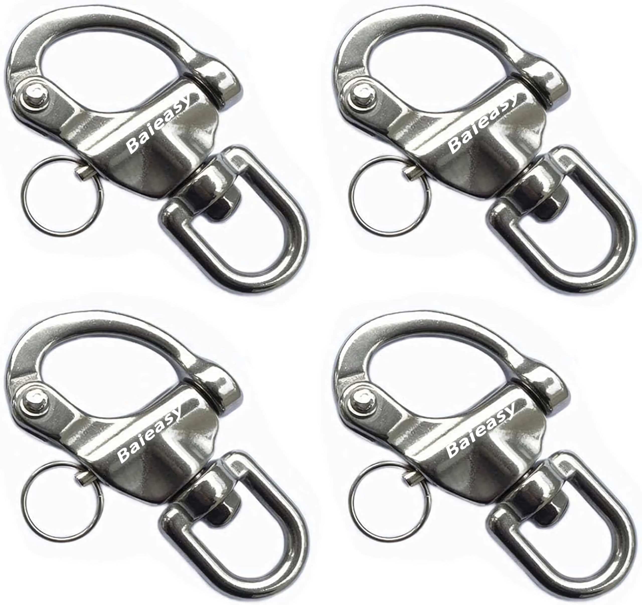 Baieasy front view of four snap shackles shows durable marine hardware benefit