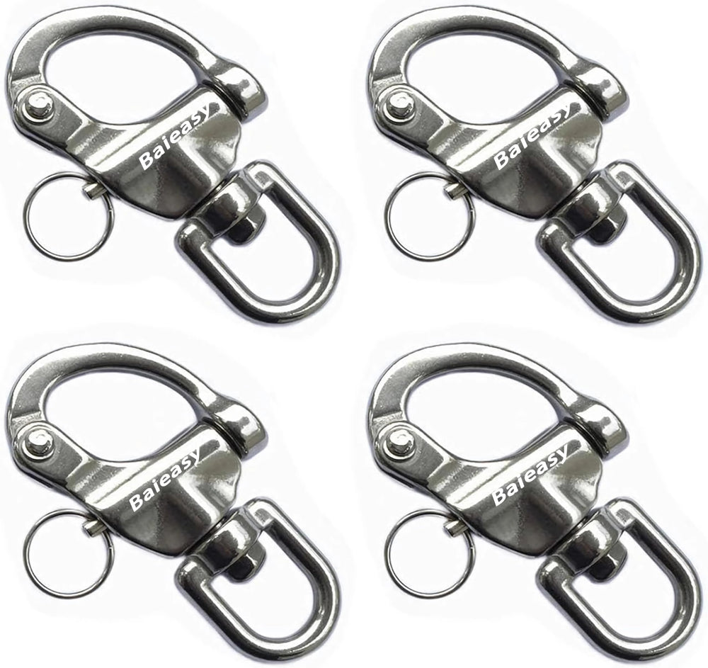 Baieasy front view of four snap shackles shows durable marine hardware benefit