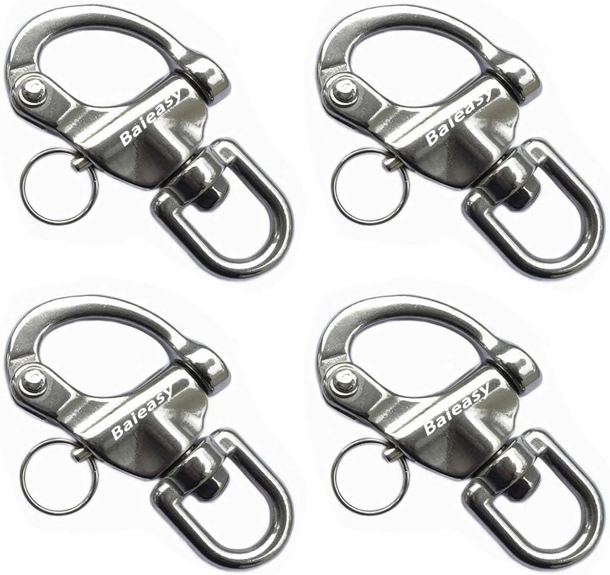 Baieasy front view of four snap shackles shows durable marine hardware benefit