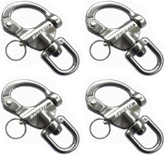 Baieasy front view of four snap shackles shows durable marine hardware benefit