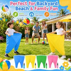 Bailiyake players wearing giant pants in backyard showing group-bonding fun