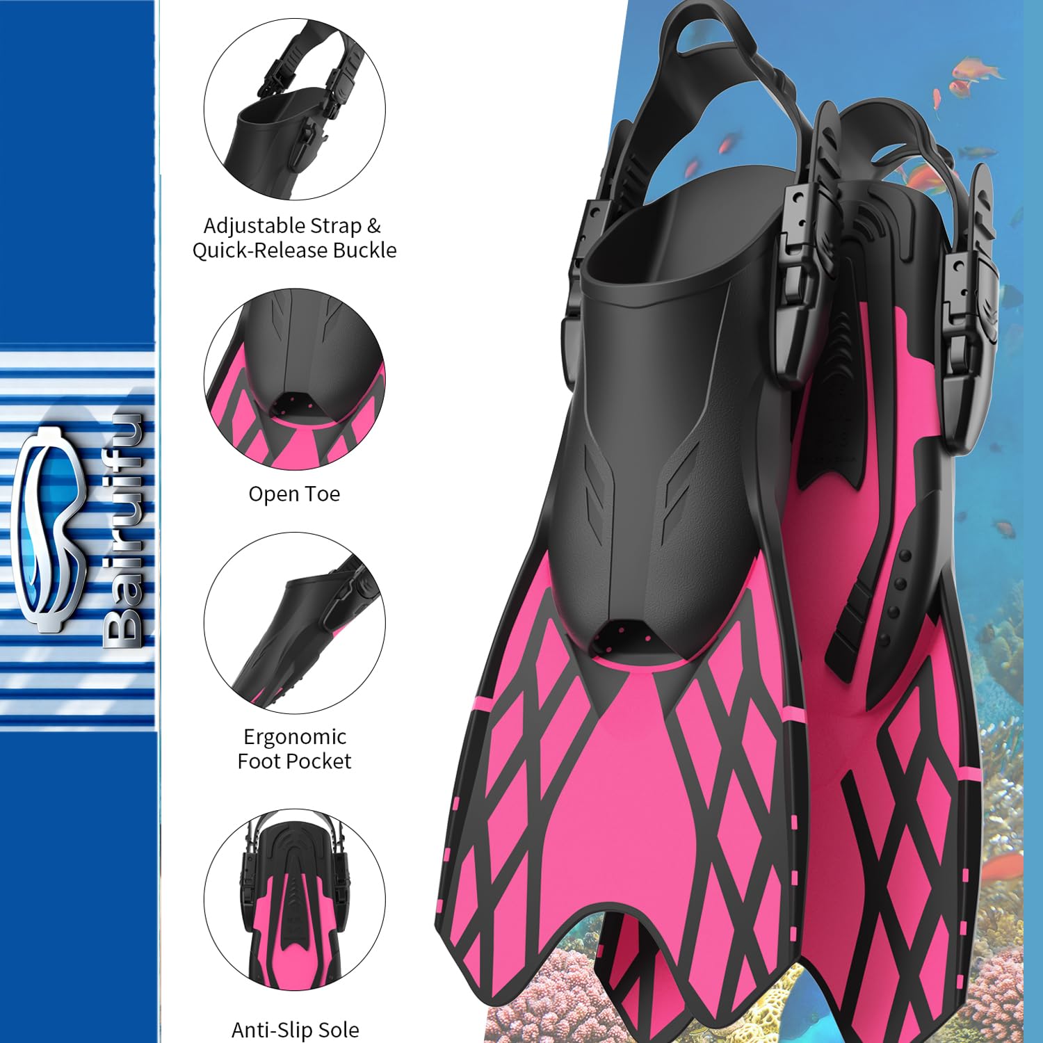 Bairuifu fins size comparison showing adjustable straps for fit