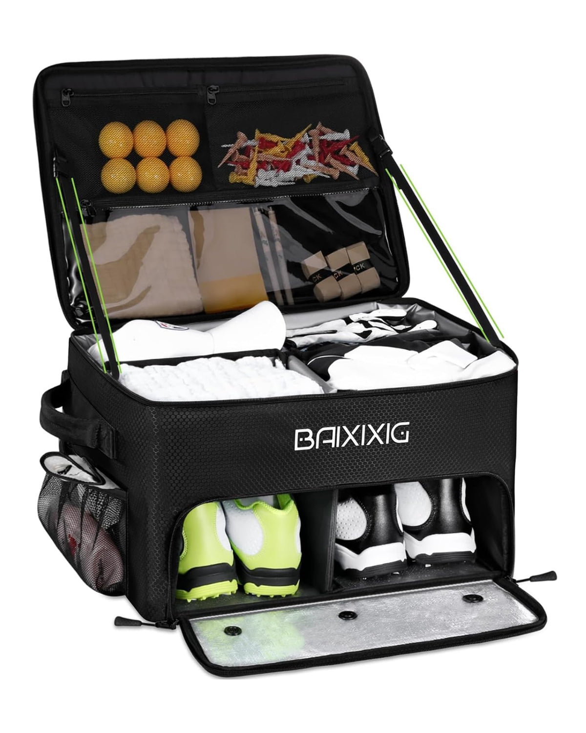 BAIXIXIG front view of trunk organizer showing pockets and handles for tidy storage