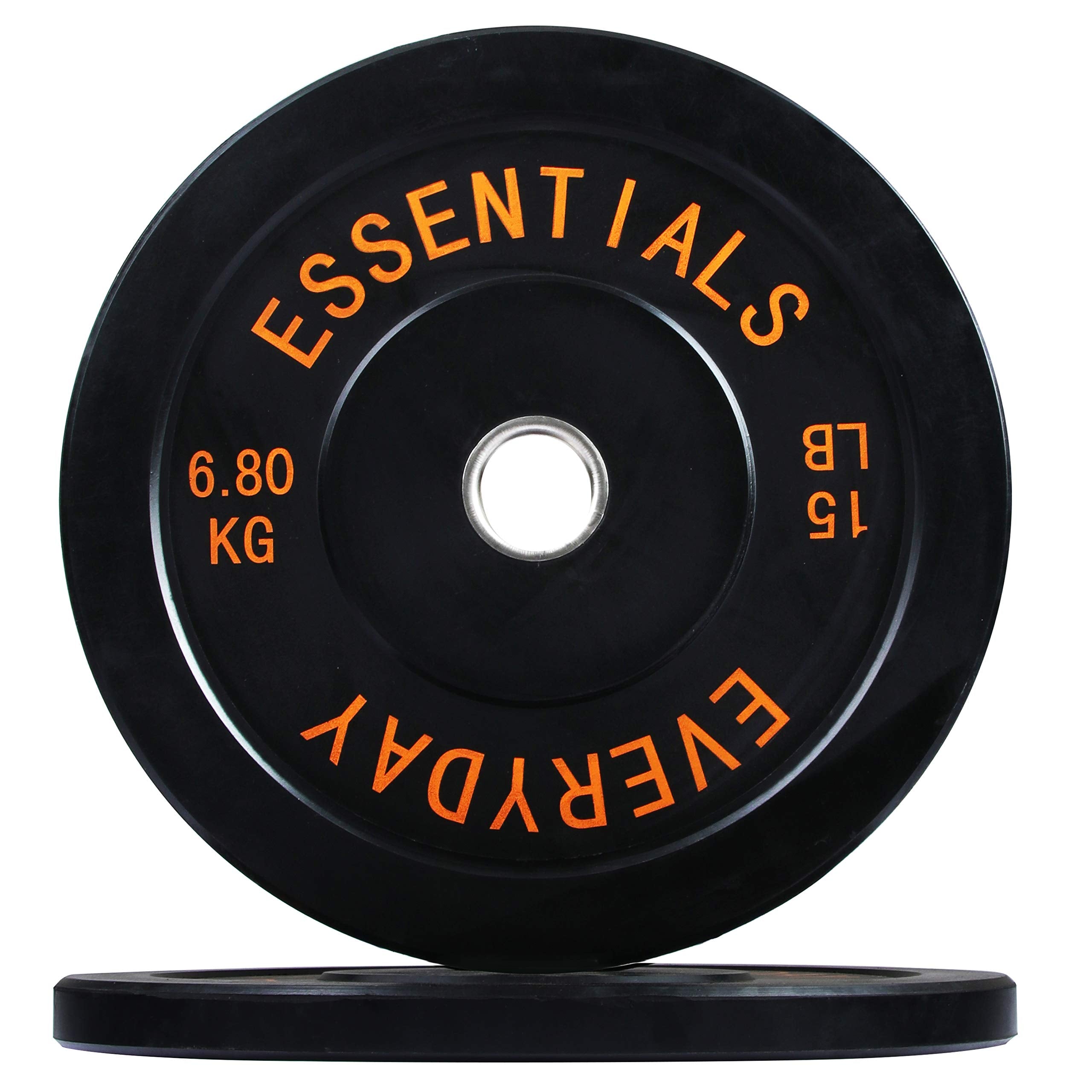BalanceFrom front view of color-coded 15lb bumper plates showing clear labels and color for fast selection