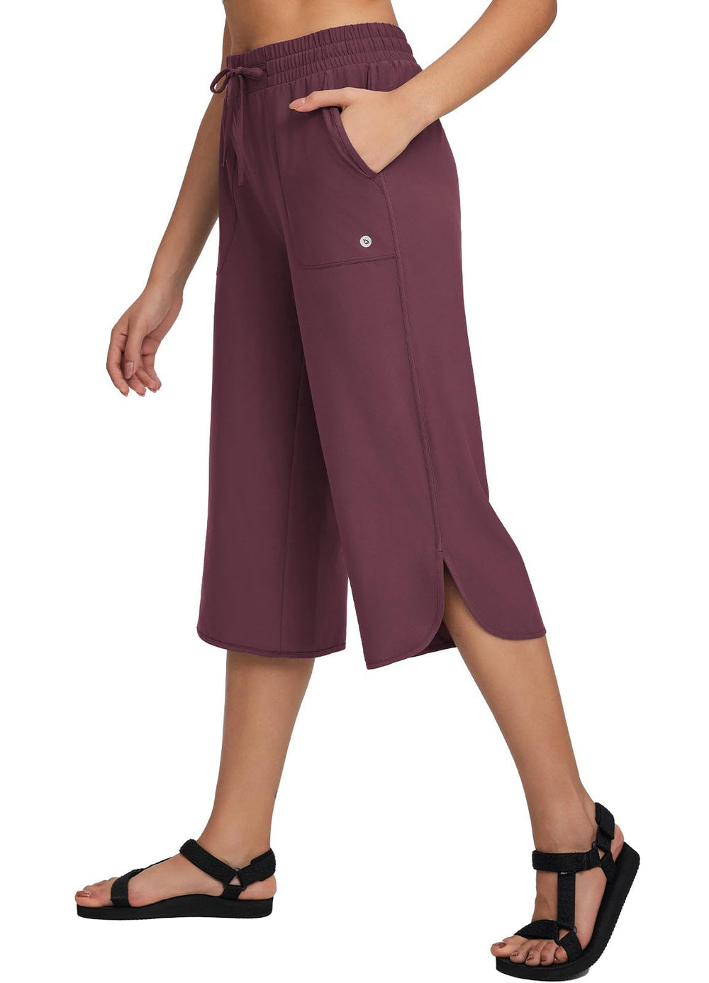 baleaf front view wine red capri showing fit and style for comfortable hikes