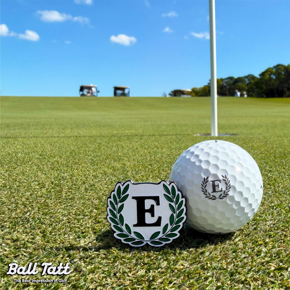 Ball Tatt close-up of E imprint on golf ball highlighting visibility benefit