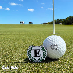 Ball Tatt close-up of E imprint on golf ball highlighting visibility benefit