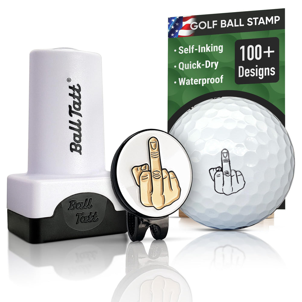 Ball Tatt front view showing compact self-inking stamper and marker benefit: easy carry