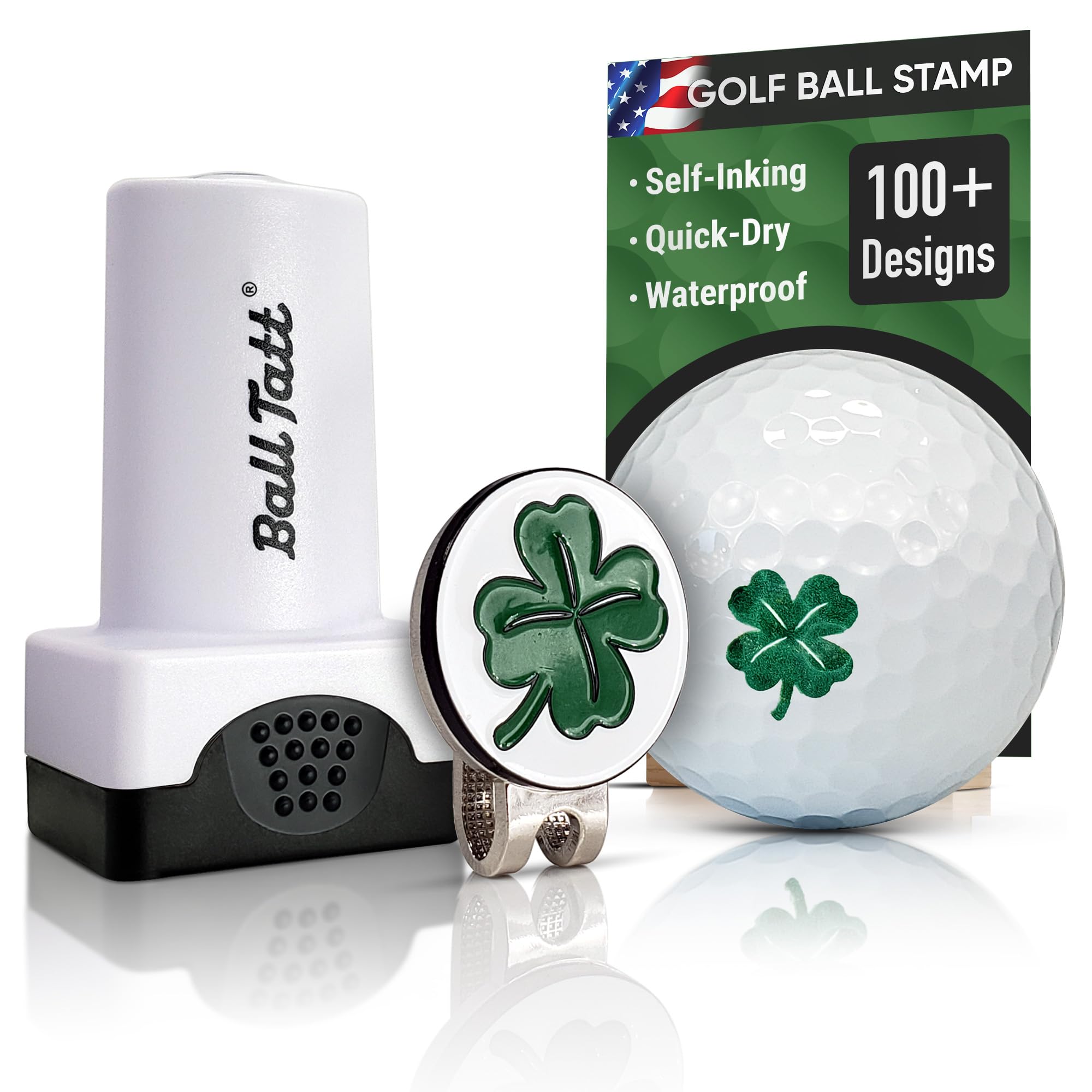 Ball Tatt front view of clover stamp showing clear branding and bold design benefit
