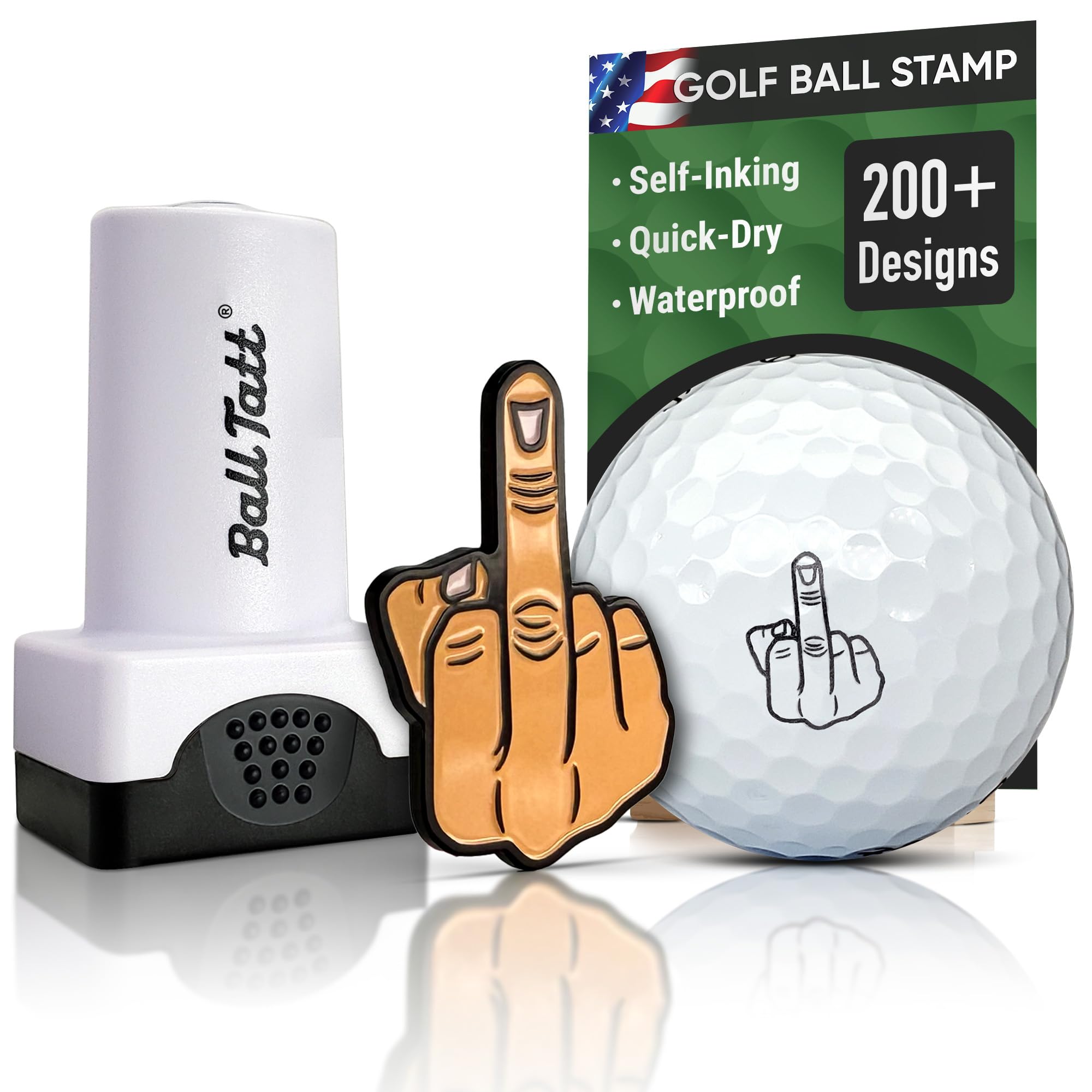 Ball Tatt front view shows self-inking stamper and metal marker, clear identification benefit