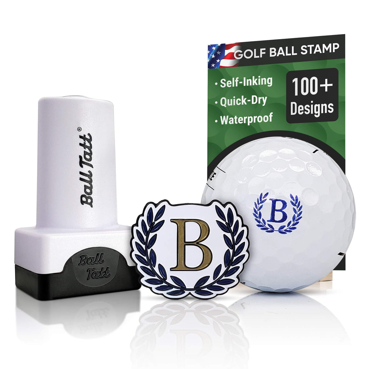 Ball Tatt front view showing compact stamp and branding, easy identification benefit
