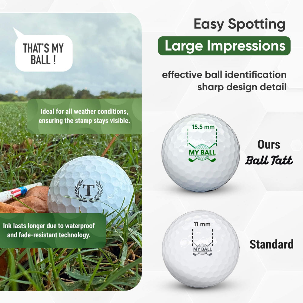 Ball Tatt stamping a golf ball on course showing quick-dry benefit