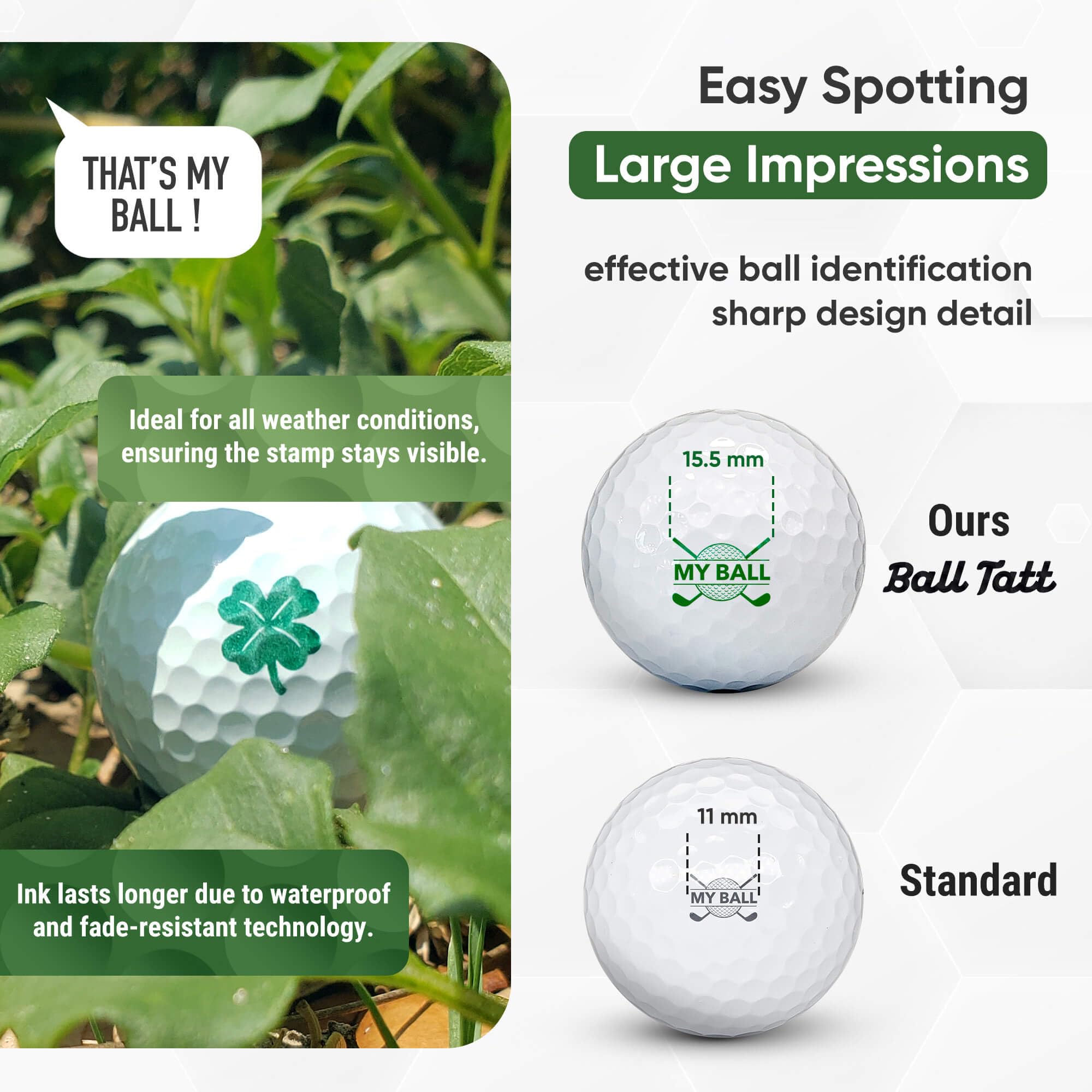 Ball Tatt clover ink imprint on golf ball demonstrating high visibility benefit