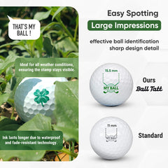 Ball Tatt clover ink imprint on golf ball demonstrating high visibility benefit