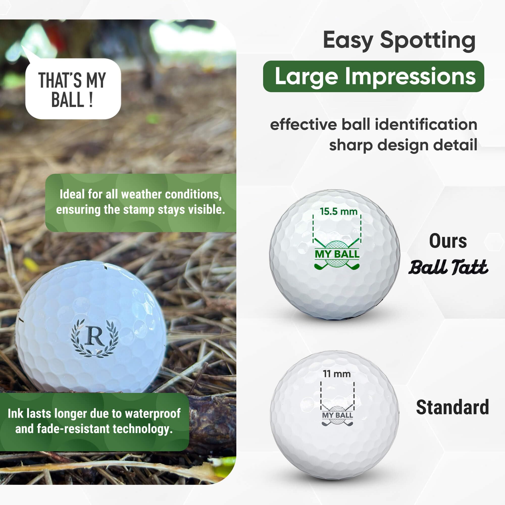 Ball Tatt stamping a golf ball on a tee demonstrating fast single-press use