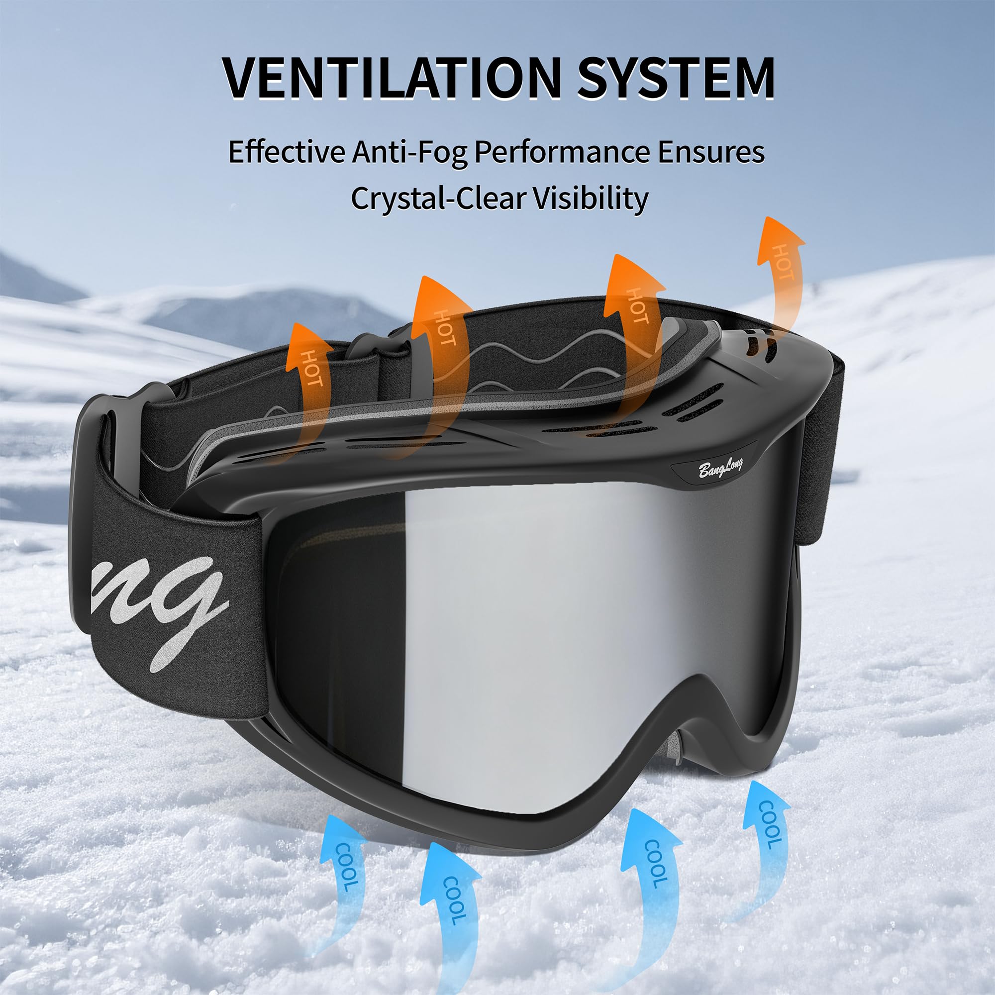 BangLong model wearing goggles on slope demonstrating clear vision