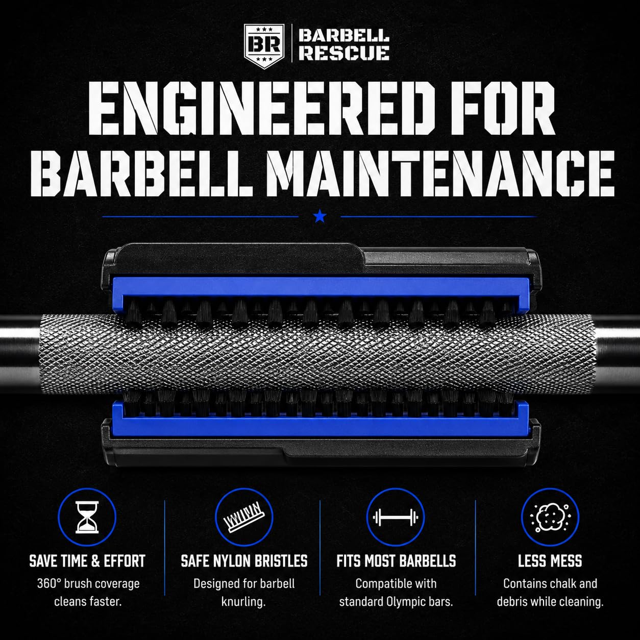 Barbell Rescue brush used on barbell in gym demonstrating fast maintenance