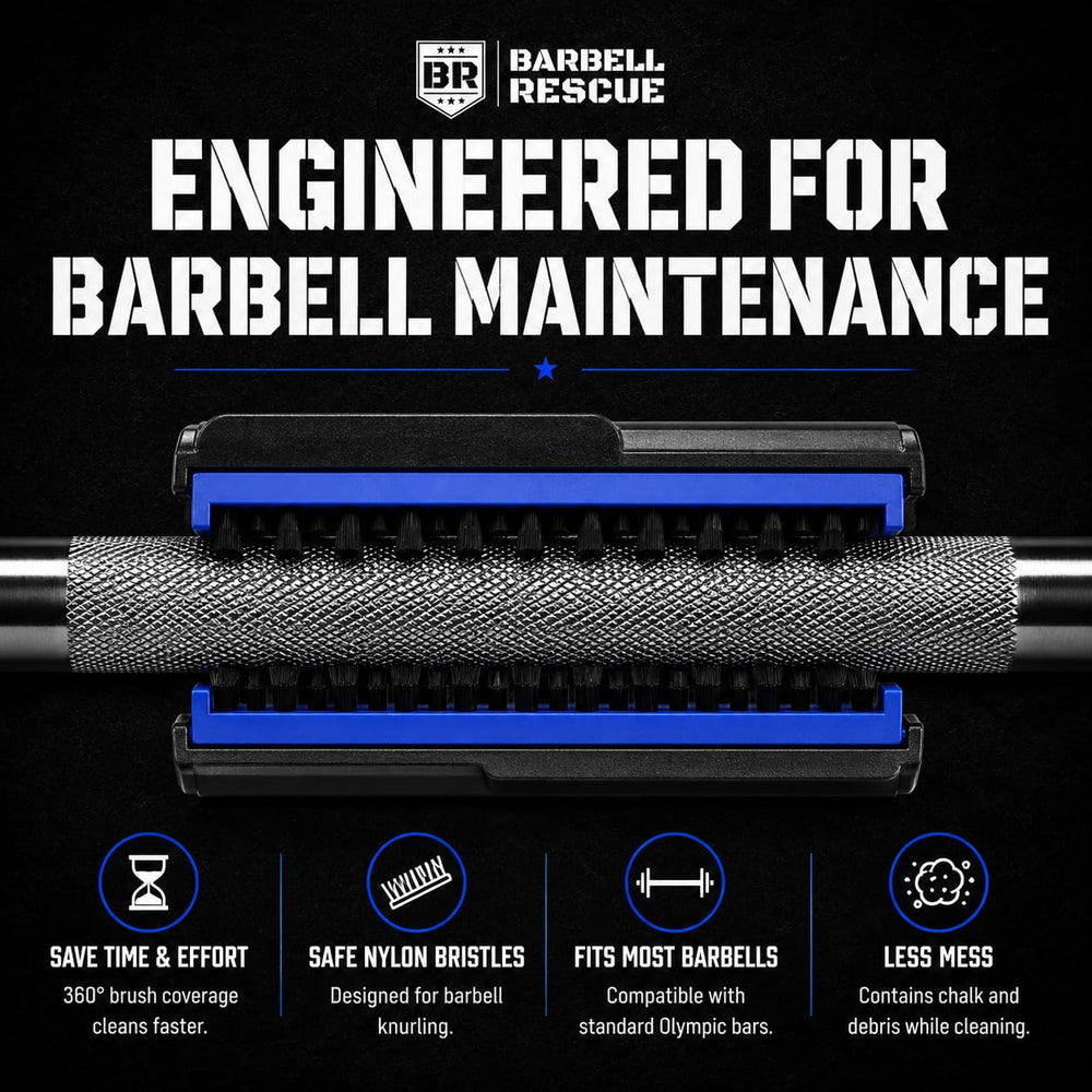 Barbell Rescue brush used on barbell in gym demonstrating fast maintenance