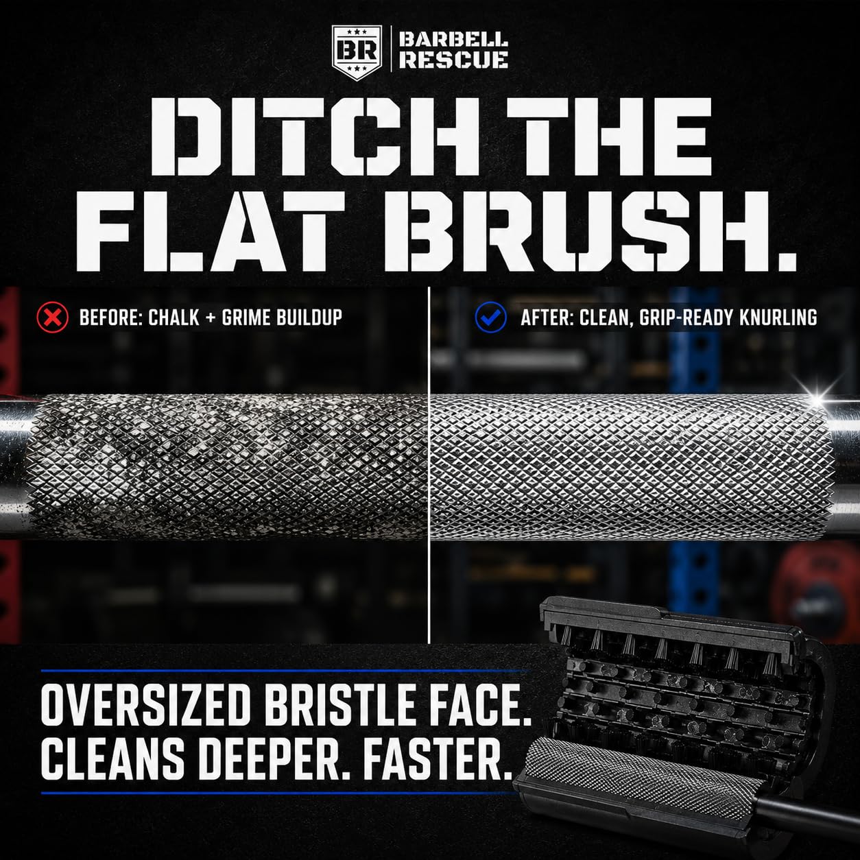 Detail view of Barbell Rescue brush bristles in knurl valley removing chalk