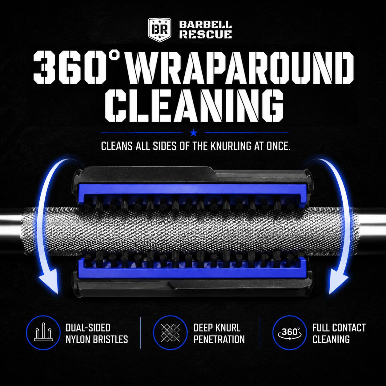 Close-up of Barbell Rescue nylon bristles cleaning knurling with effective reach
