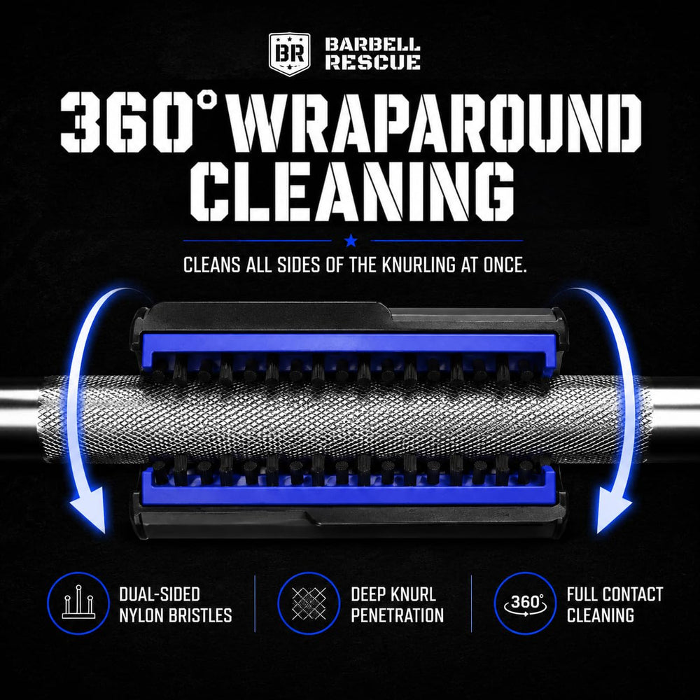 Close-up of Barbell Rescue nylon bristles cleaning knurling with effective reach