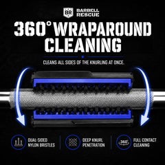 Close-up of Barbell Rescue nylon bristles cleaning knurling with effective reach