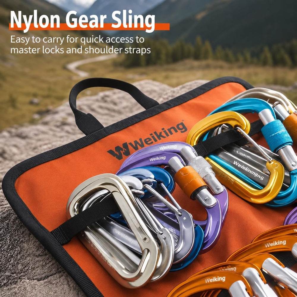 BARHAR hanging from carabiner hook for accessible gear at belay