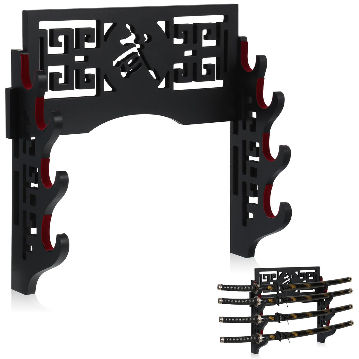 Barydat front view of four-tier black katana stand showing elegant display and protection