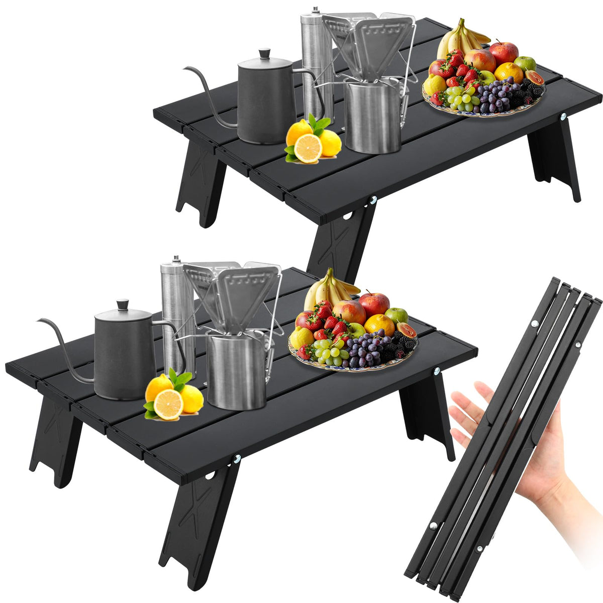 Barydat front view folded tables showing compact carry convenience