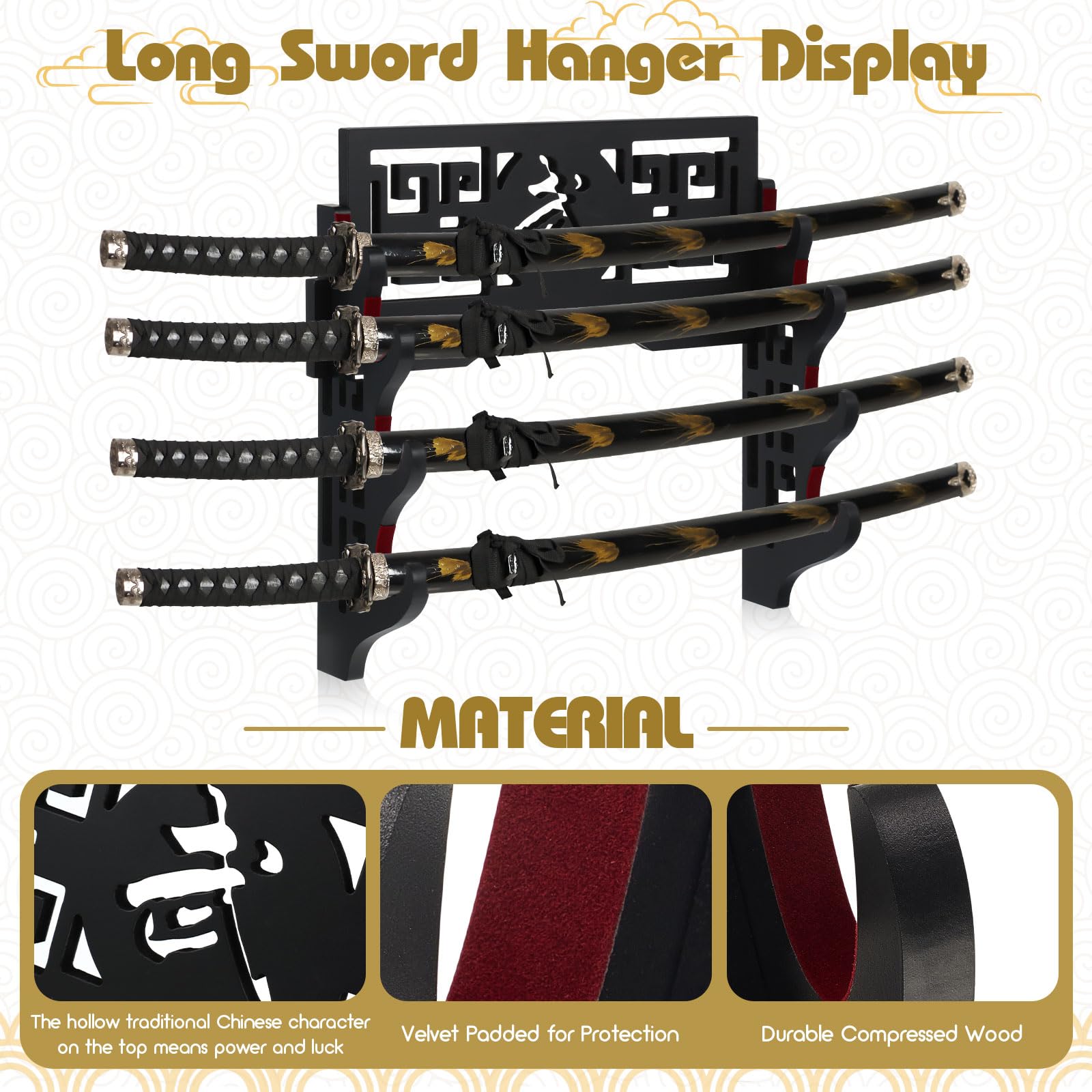 Barydat mounted with multiple katanas demonstrating organized display and accessibility