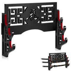 Barydat katana stand front view showing three-tier display and black finish, neat presentation benefit