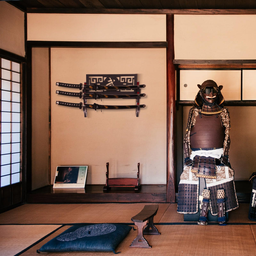 Barydat mounted with swords in a living room emphasizing decorative display