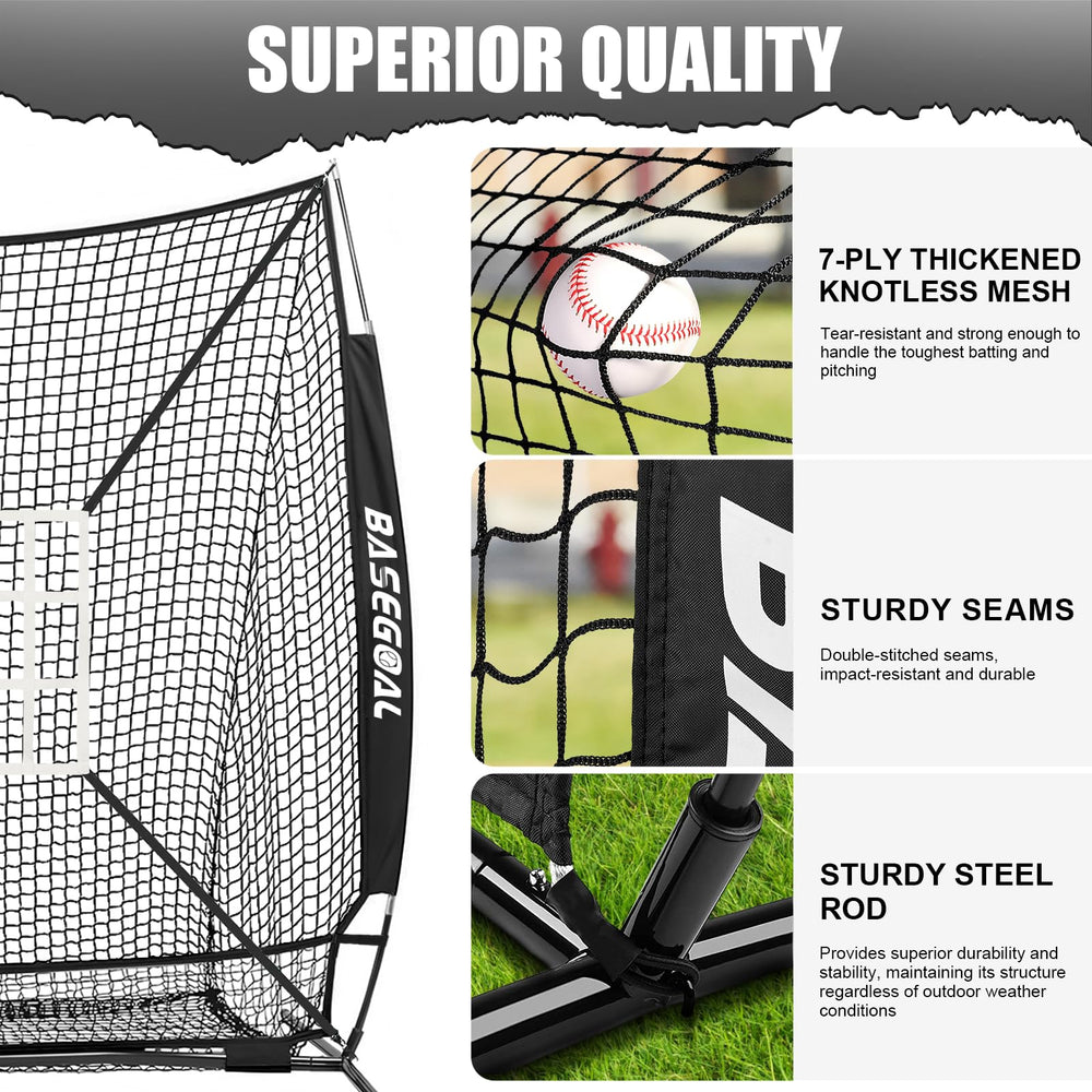 BaseGoal close-up of 7-strand knotless polyester net showing durable ball retention