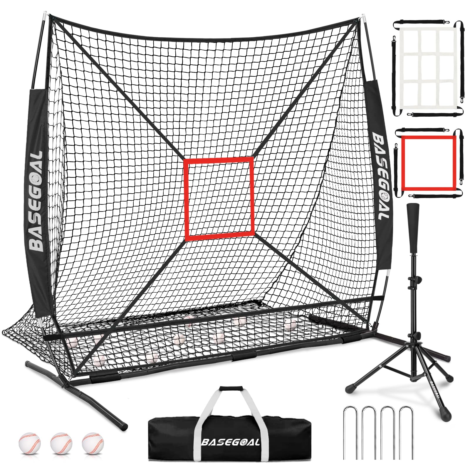 BaseGoal front view of assembled net showing full 6x6 capture area and convenience