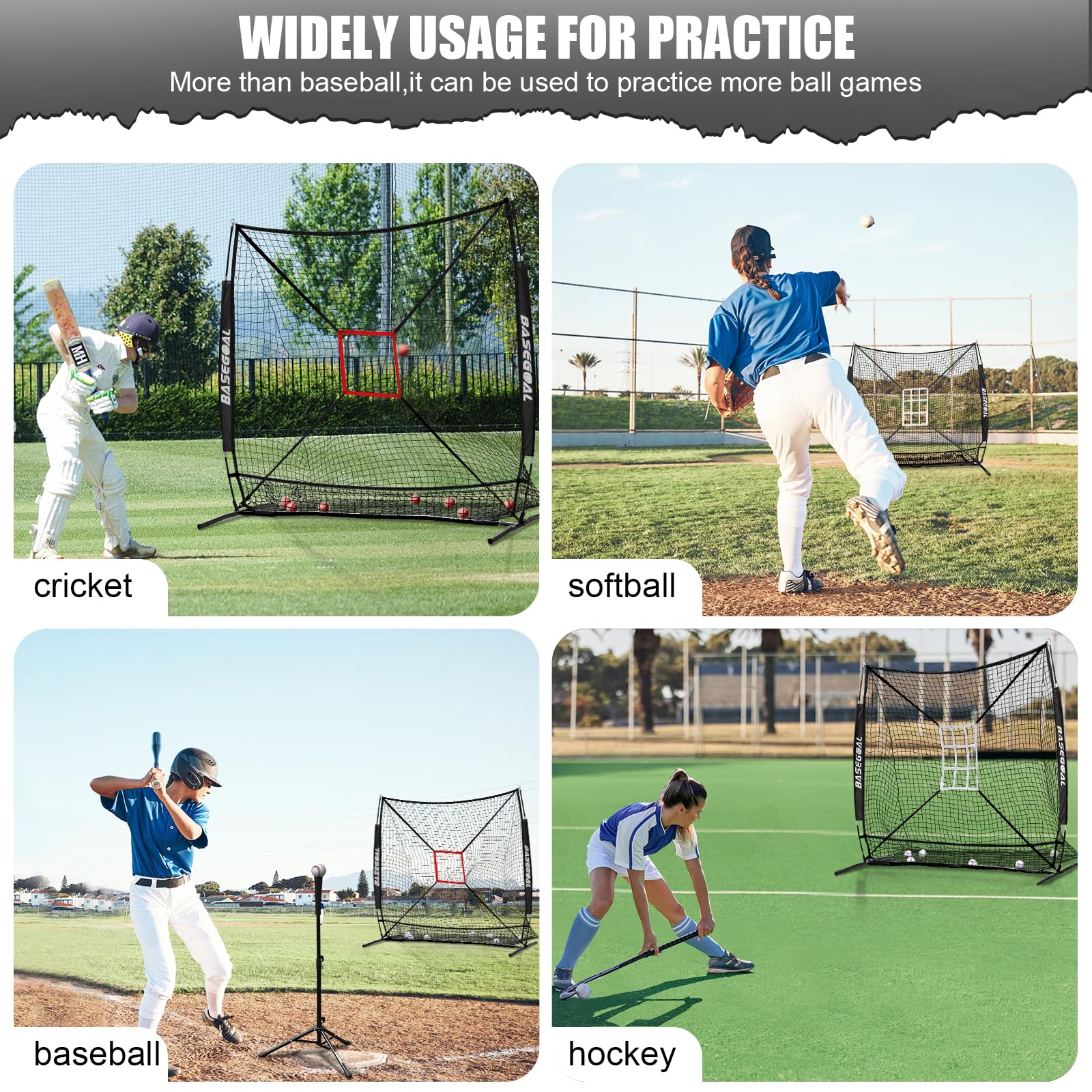 BaseGoal in-use backyard practice with batter hitting into net for efficient reps