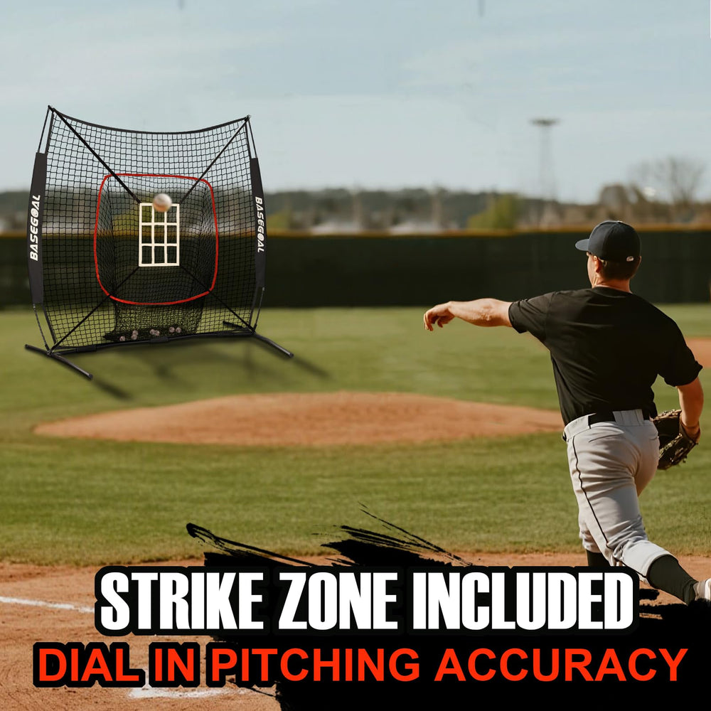 BaseGoal net in use during a batting drill showing efficient ball collection