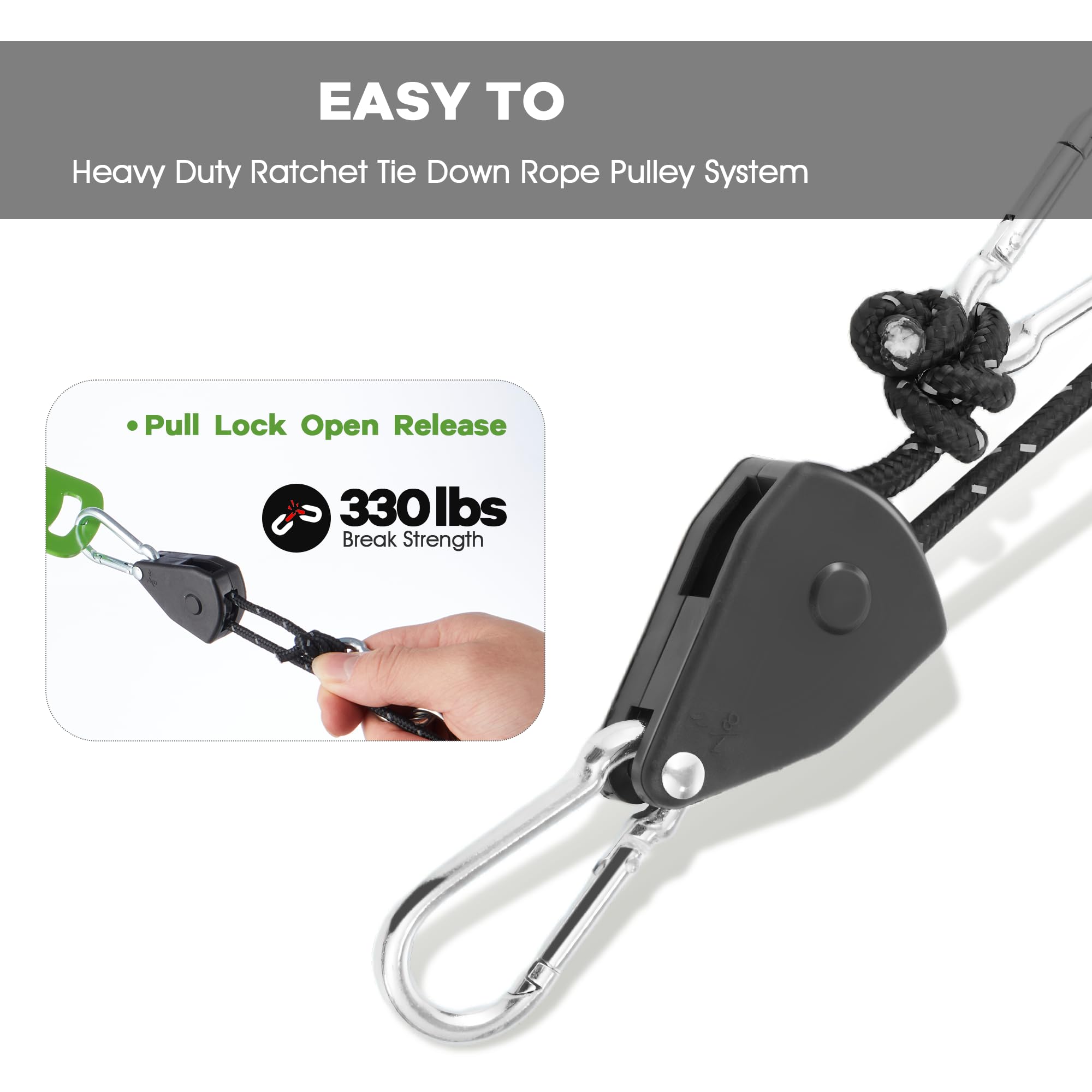 BAYSTMAM ratchet tie-down rope and stainless hook enabling fast single-handed tensioning