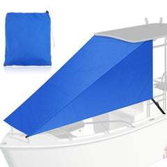 BBTO front view of navy T-top bow shade showcasing full boat coverage and shade