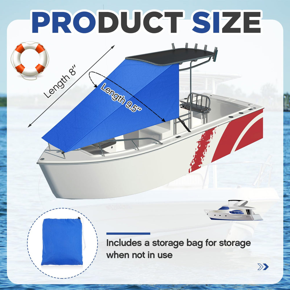 BBTO shade mounted on a T-top boat illustrating easy fit and added bow comfort