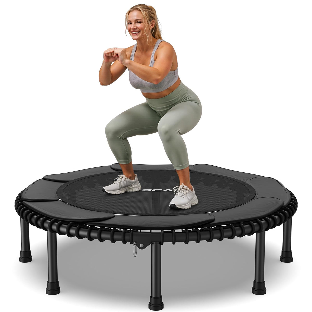 BCAN BT2 front view showing open 48-inch rebounder and stable stance benefit