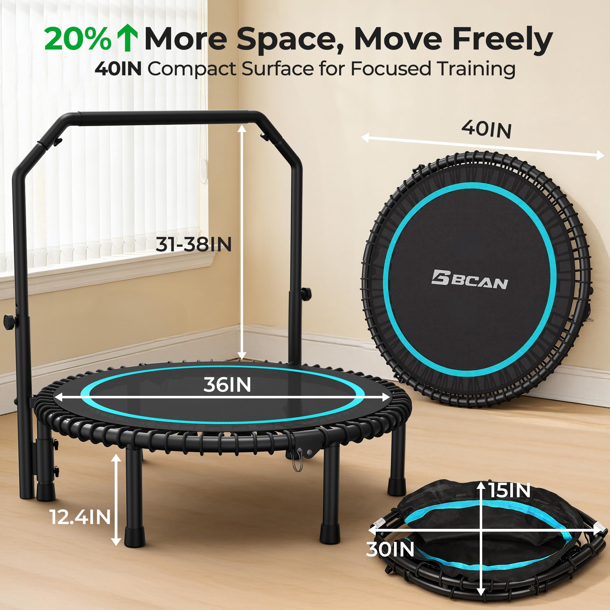BCAN user exercising on rebounder at home demonstrating quiet cardio benefit