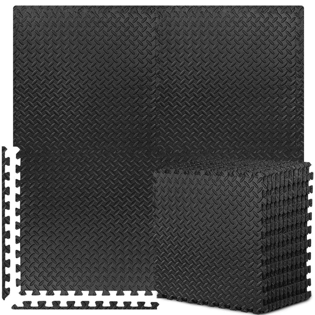 BEAUTYOVO front view of 12-tile black mat showing coverage and benefit of floor protection